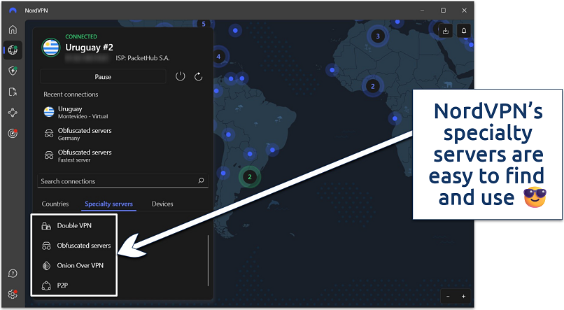 Screenshot of the NordVPN app showing its specialty servers