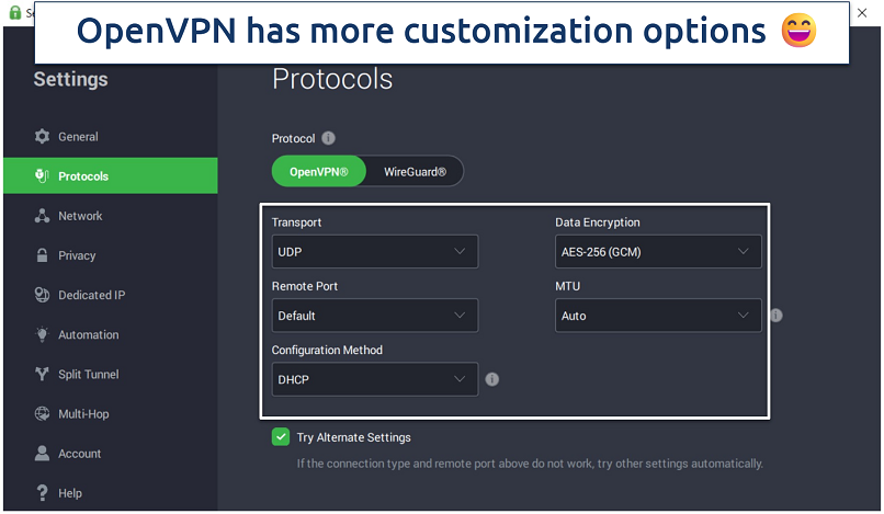 Screenshot of the PIA app showing some of the available customization options