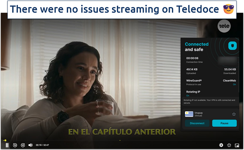 Screenshot showing a TV show playing on Teledoce with Surfshark connected to a Uruguay server