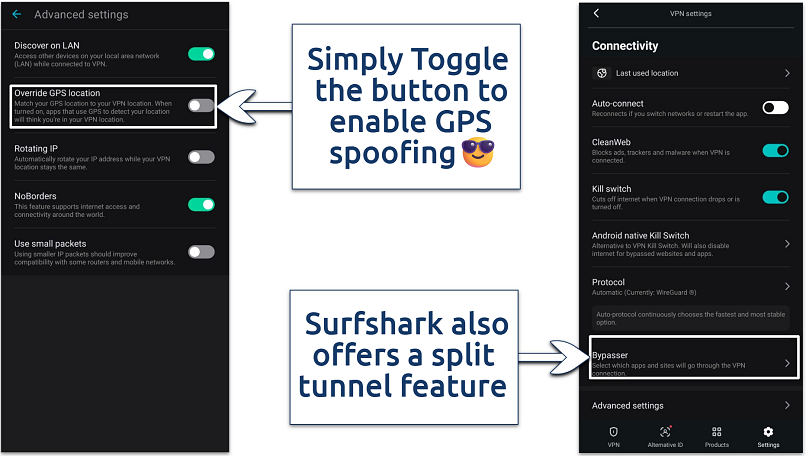 Image showing the Override GPS location and Bypasser feature of Surfshark