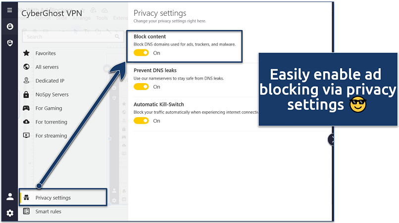 Screenshot showing how to turn on ad blocking in the CyberGhost Windows app
