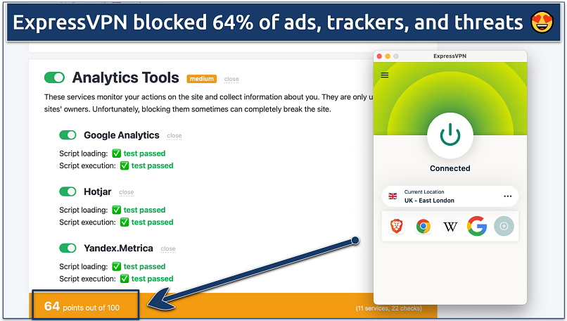 Screenshot showing the ExpressVPN app connected to a UK server over an online ad blocker test tool
