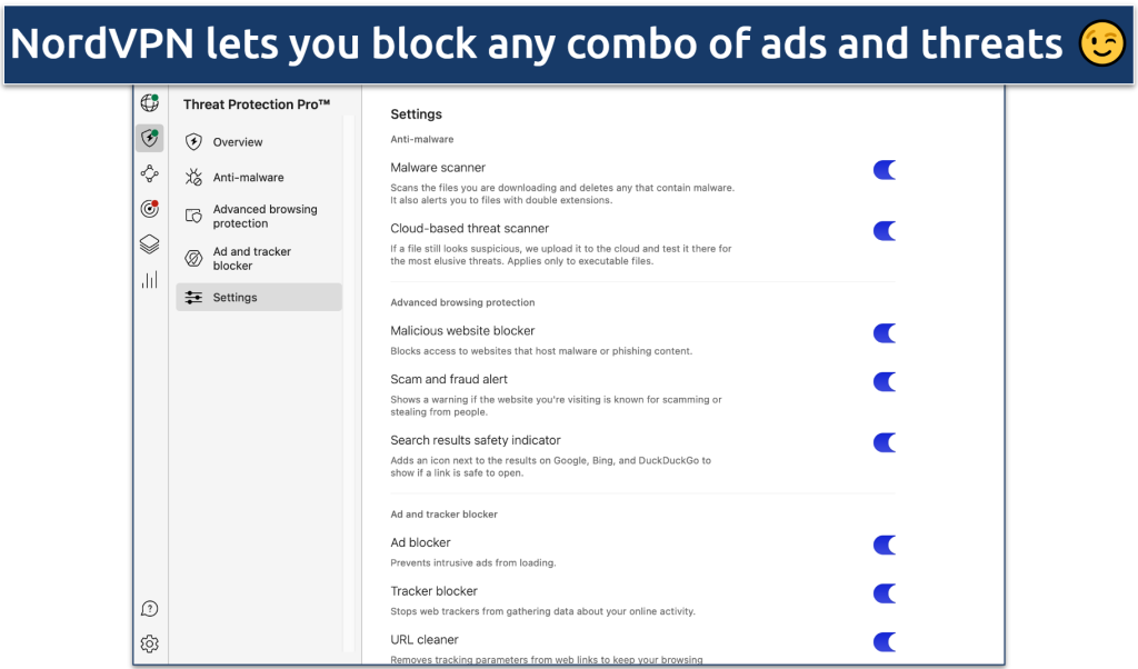 Screenshot showing the Settings panel of NordVPN's Threat Protection Pro.