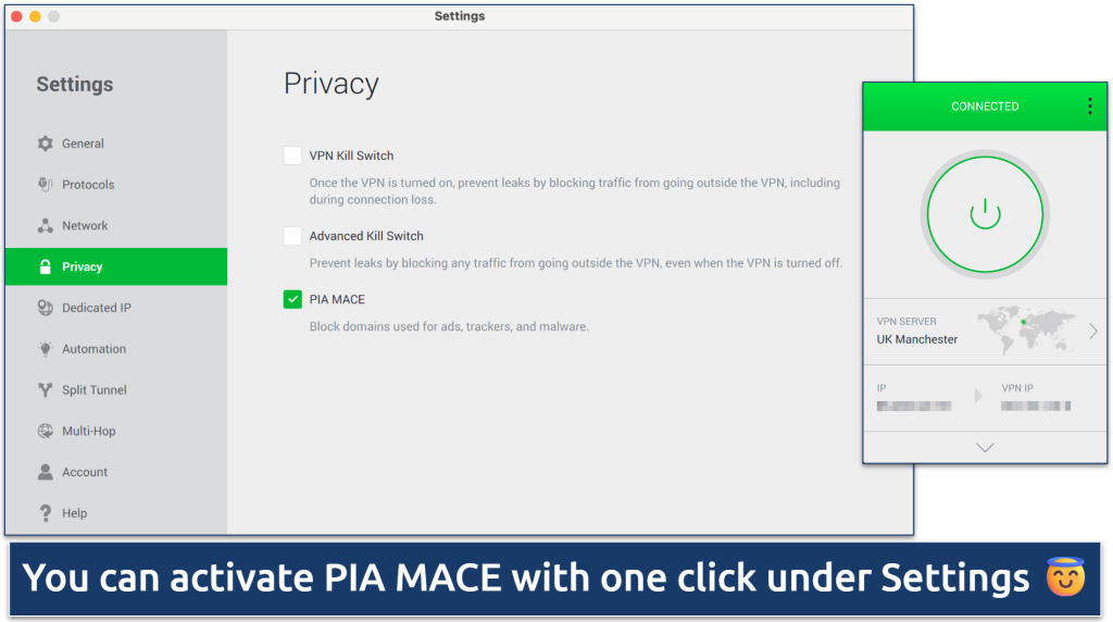 Screenshot showing how to activate PIA MACE.