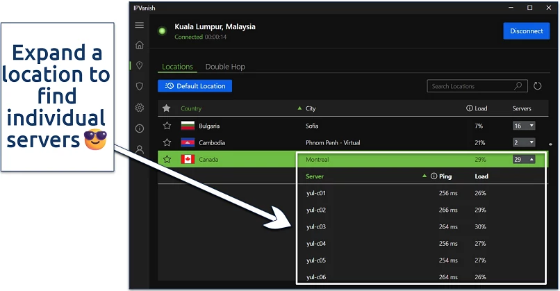Screenshot of the IPVanish Windows app with an active connection and showing its individual servers under a single location