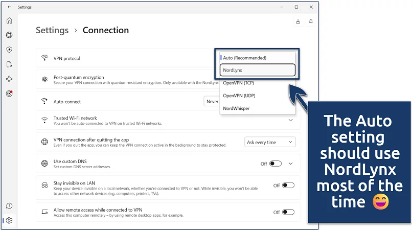 Screenshot of the NordVPN Windows app with its Connection Settings page and VPN protocol selection