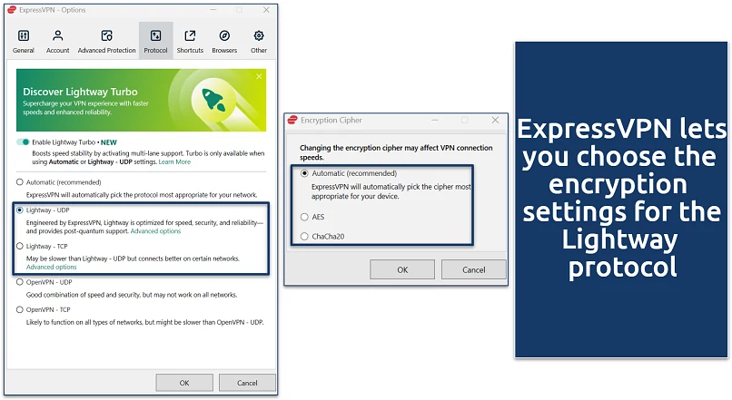 Screenshot of ExpressVPN's encryption settings