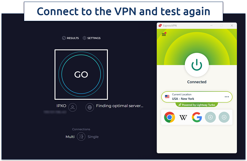 Screenshot of the internet speed test with ExpressVPN connected