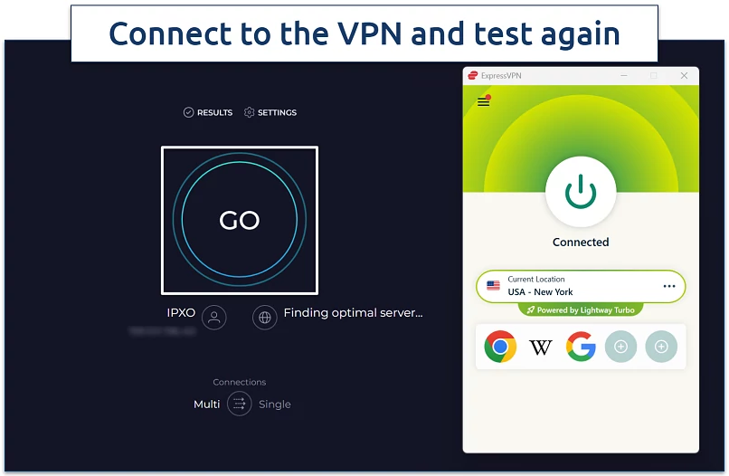 Screenshot of the internet speed test with ExpressVPN connected