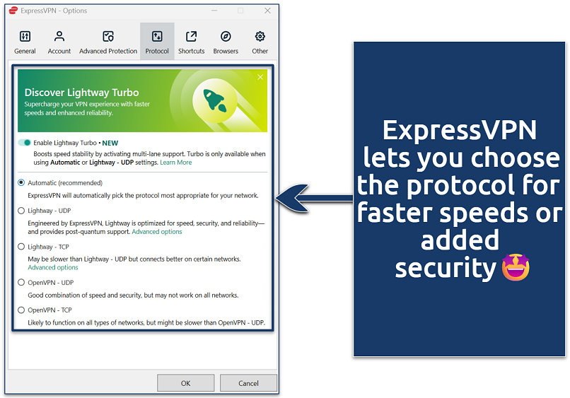 Screenshot of ExpressVPN's protocol settings