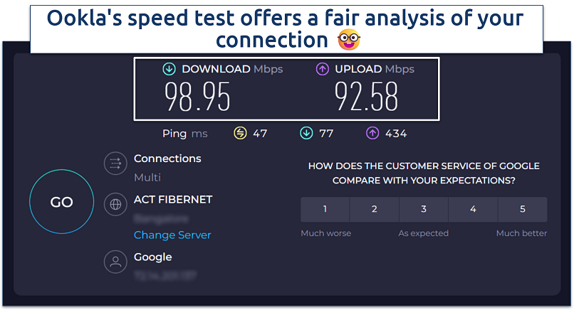 Screenshot of the internet speed test