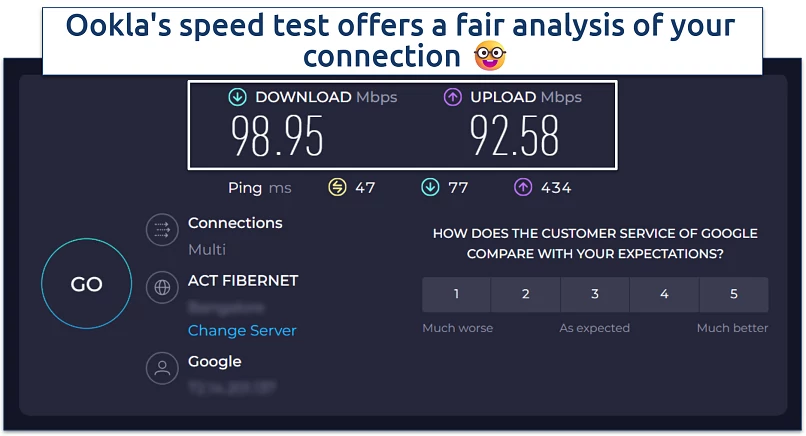 Screenshot of the internet speed test