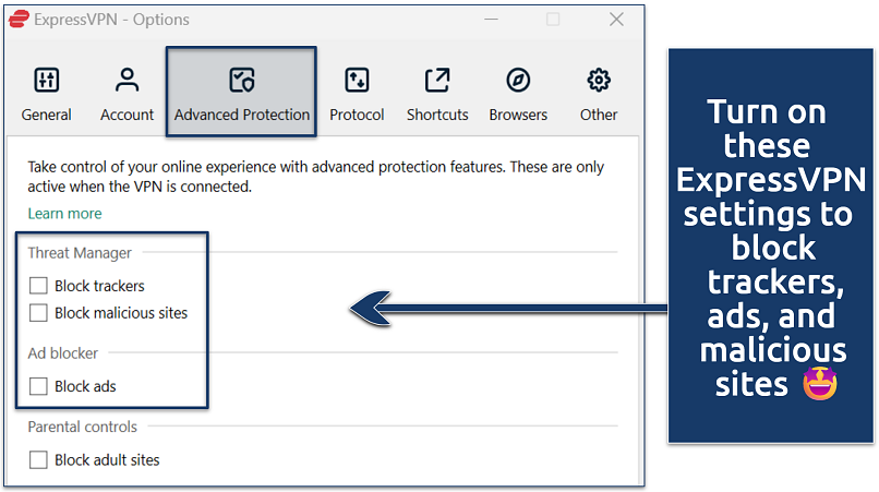 A screenshot of the ExpressVPN Advanced Protection settings