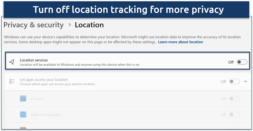 A screenshot of the Windows privacy and security settings with location access disabled