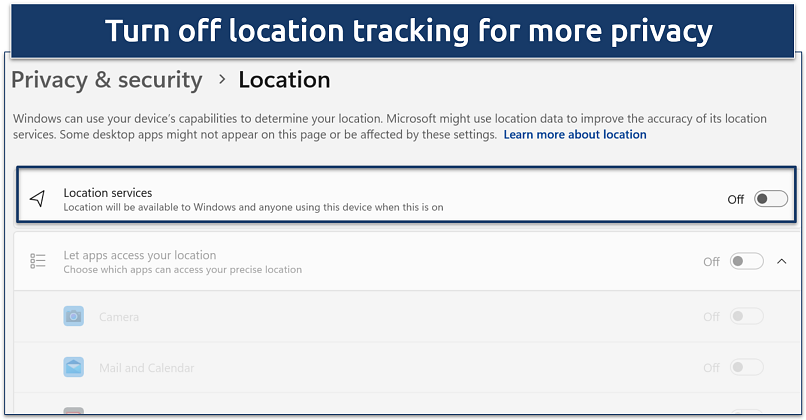 A screenshot of the Windows privacy and security settings with location access disabled