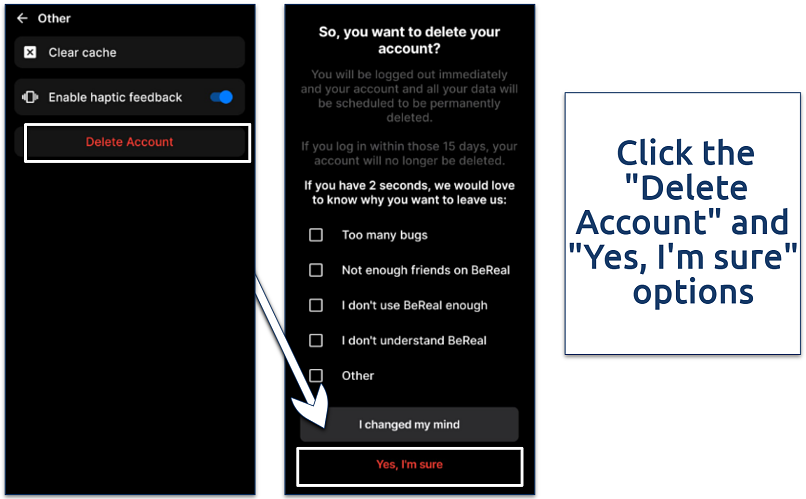 A screenshot showing the “Delete Account” option under BeReal’s Other settings and the final confirmation prompt