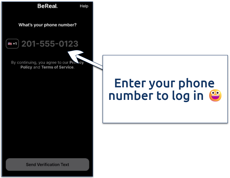 A screenshot showing the BeReal login screen with a phone number input field