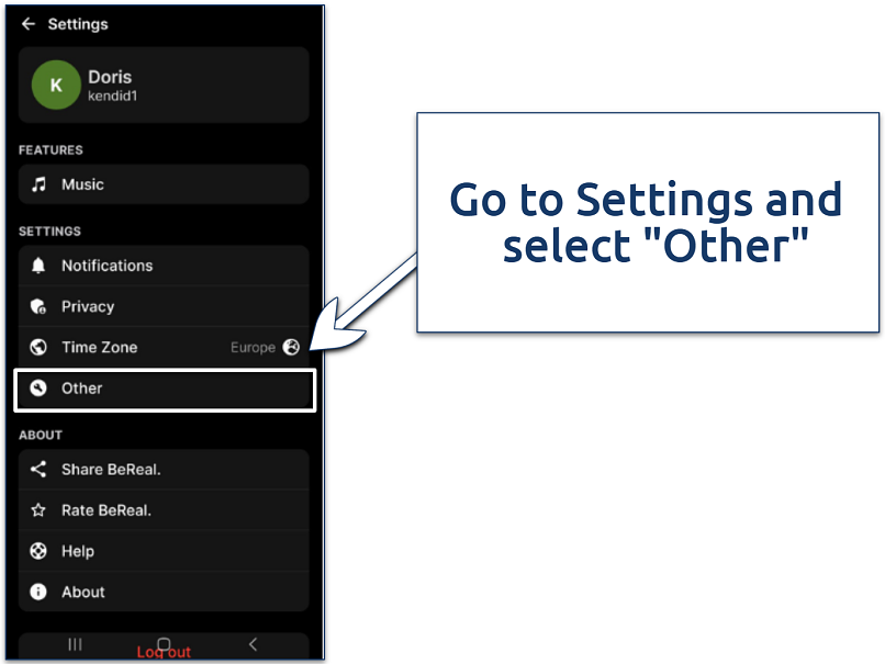A screenshot showing the BeReal settings menu with the “Other” option highlighted