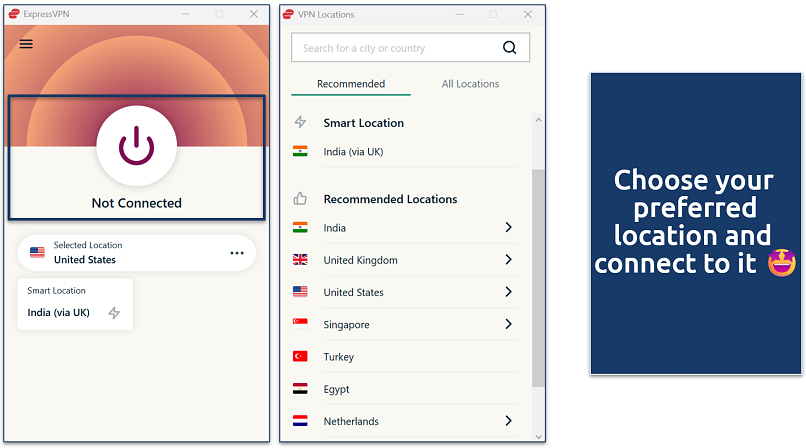 Screenshot of ExpressVPN's Windows UI