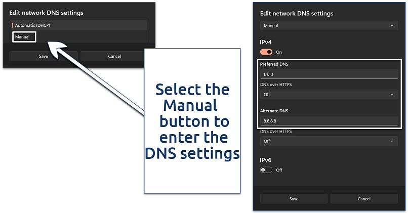 Screenshot of editing the network DNS settings