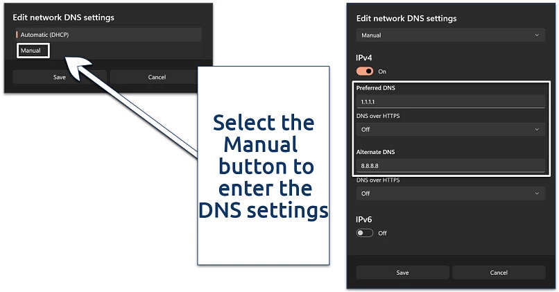 Screenshot of editing the network DNS settings