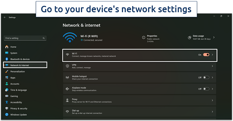 Screenshot of the Windows Network & Internet settings