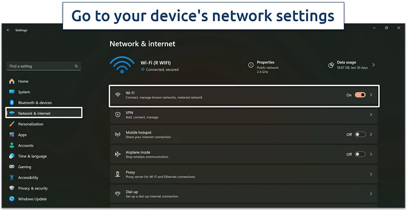 Screenshot of the Windows Network & Internet settings