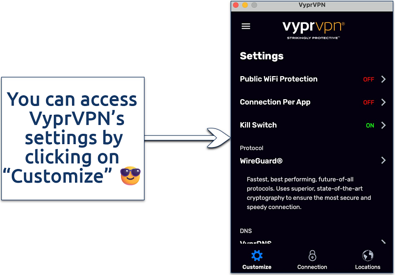 Screenshot of VyprVPN's settings
