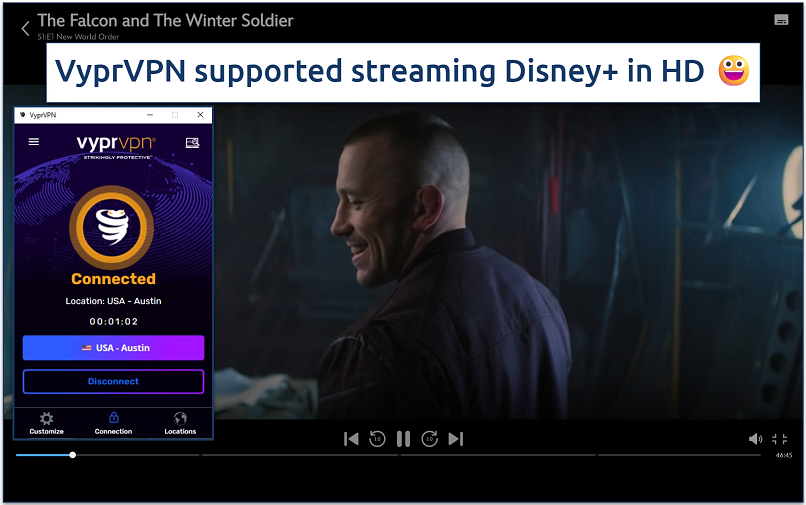 Screenshot of The Falcon and the Winter Soldier streaming on Disney+ with VyprVPN connected to a US server