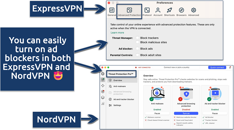 Screenshots showing how to enable ad and tracker blockers on ExpressVPN and NordVPN