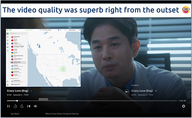 Screenshot of Crazy Love streaming on Hulu with NordVPN connected to a US server