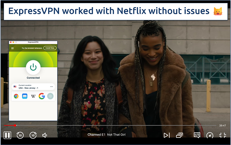 Screenshot of Charmed streaming on Netflix with ExpressVPN connected to a US server