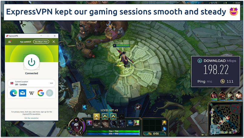 Screenshot of LoL gameplay with ExpressVPN connected to a UK server