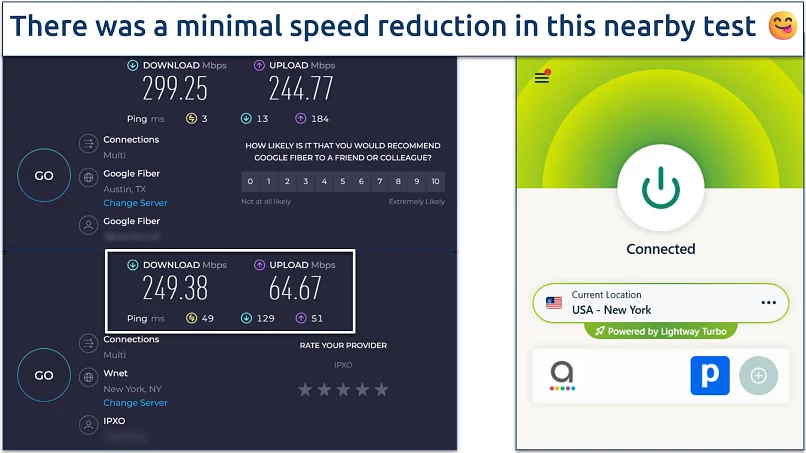A screenshot of Ookla speed tests done while connected to ExpressVPN's New York server and with no VPN connected