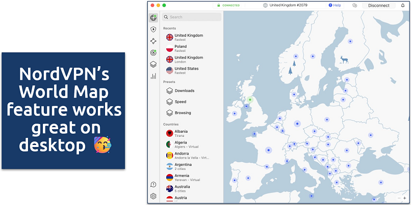 Screenshot of NordVPN's World Map