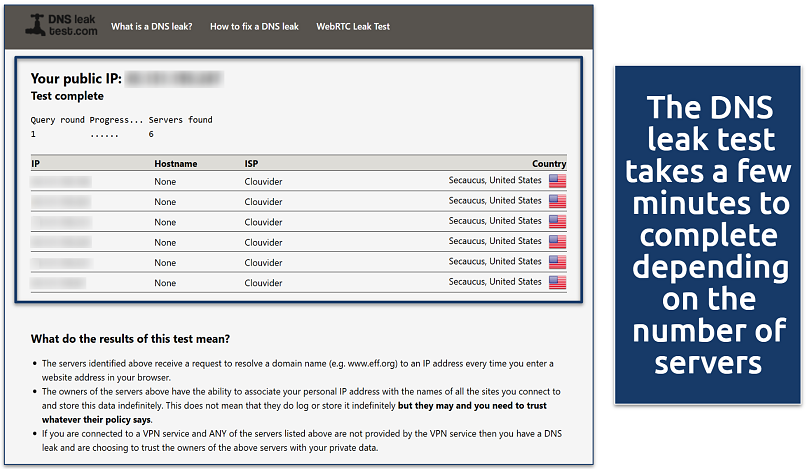 Screenshot of DNS leak test tool with ExpressVPN enabled
