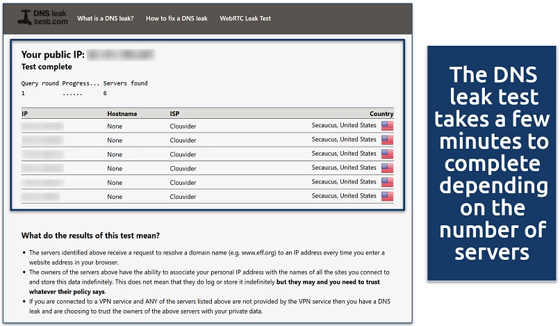 Screenshot of DNS leak test tool with a VPN app enabled
