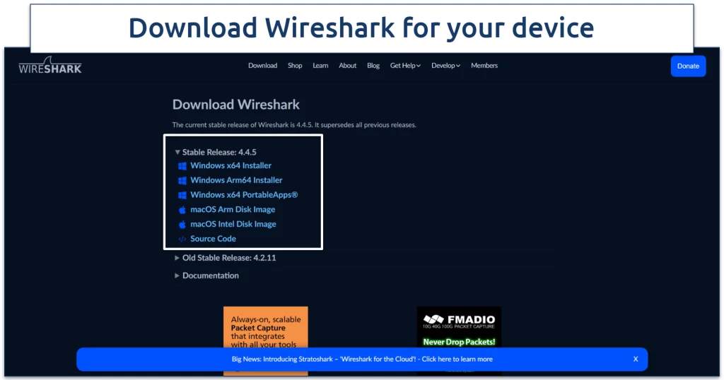 Screenshot of Wireshark download page