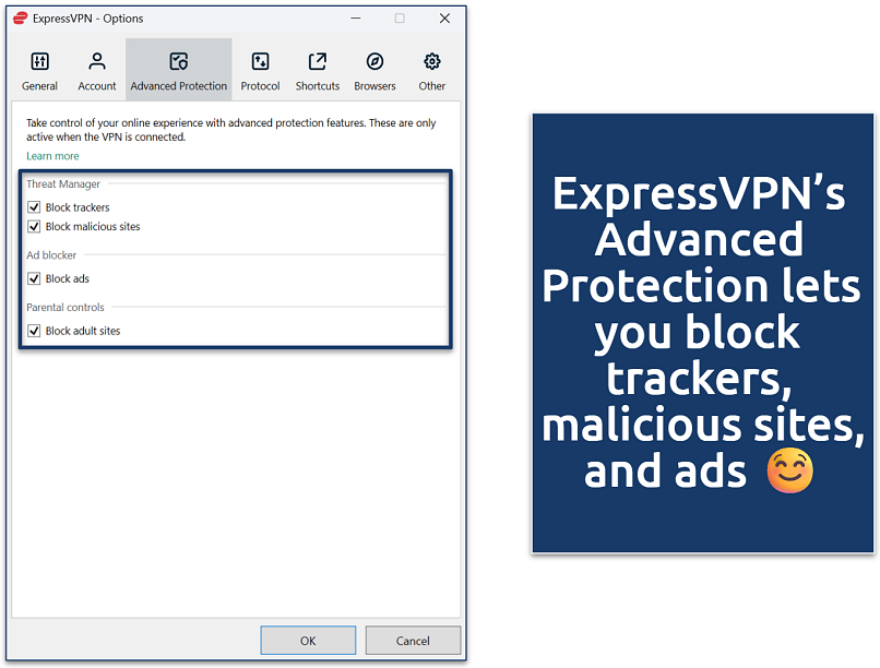 Screenshot of a VPN app's advanced protection settings
