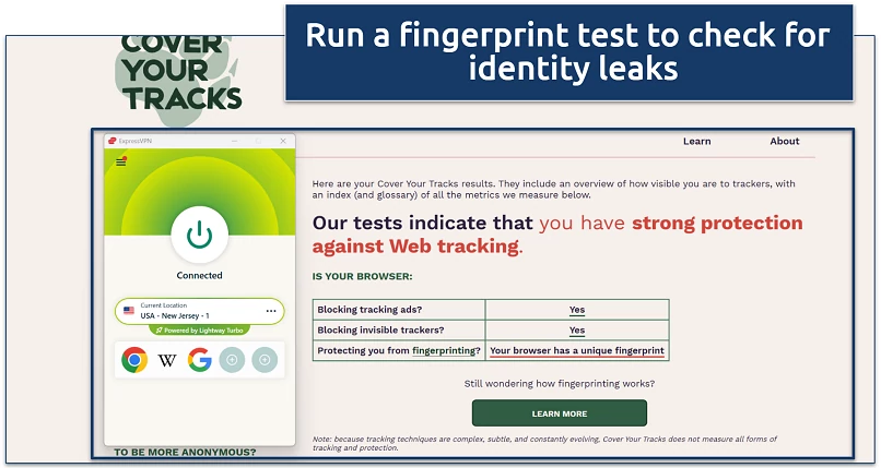 Screenshot of a VPN app's protection against fingerprint leaks