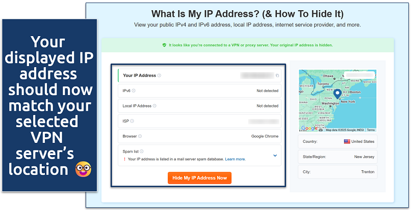 Screenshot of vpnMentor's IP test tool completed