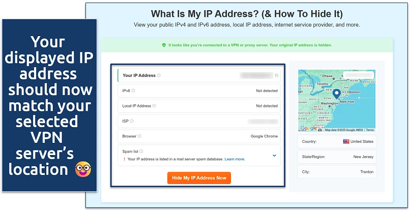 Screenshot of vpnMentor's IP test tool completed
