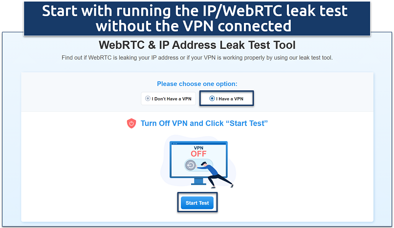 Screenshot of vpnMentor's IP/WebRTC leak test tool
