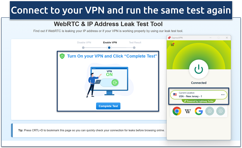 Screenshot of vpnMentor's IP/WebRTC leak test tool with a VPN app