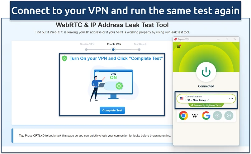 Screenshot of vpnMentor's IP/WebRTC leak test tool with a VPN app