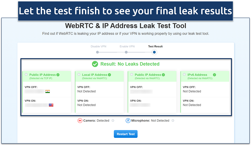 Screenshot of vpnMentor's IP/WebRTC leak test tool with ExpressVPN