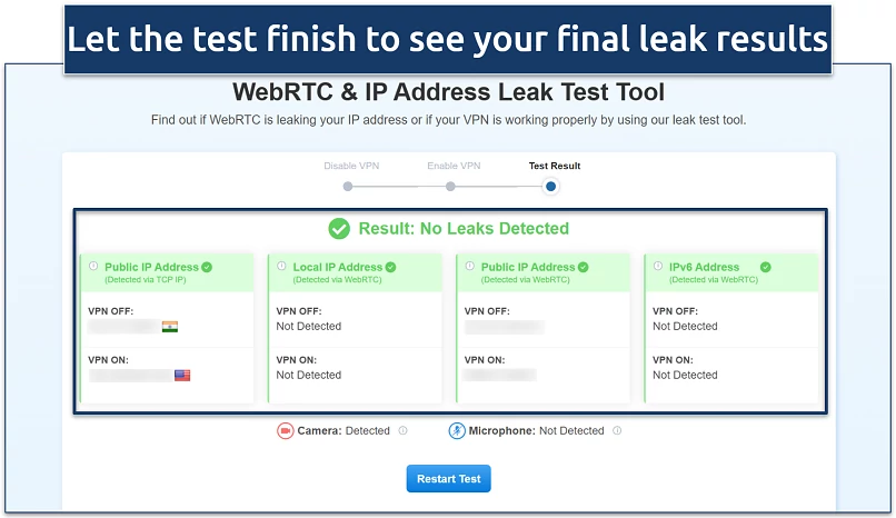 Screenshot of vpnMentor's IP/WebRTC leak test tool with a VPN app