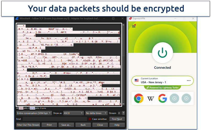 Screenshot of Wireshark data packet encryption