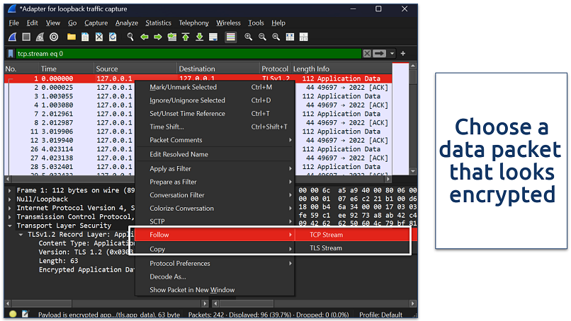 Screenshot of Wireshark data packets