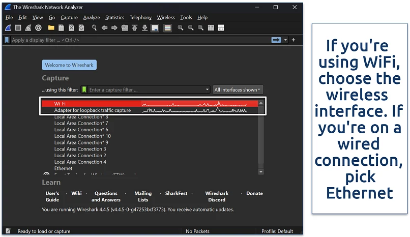 Screenshot of Wireshark Windows UI